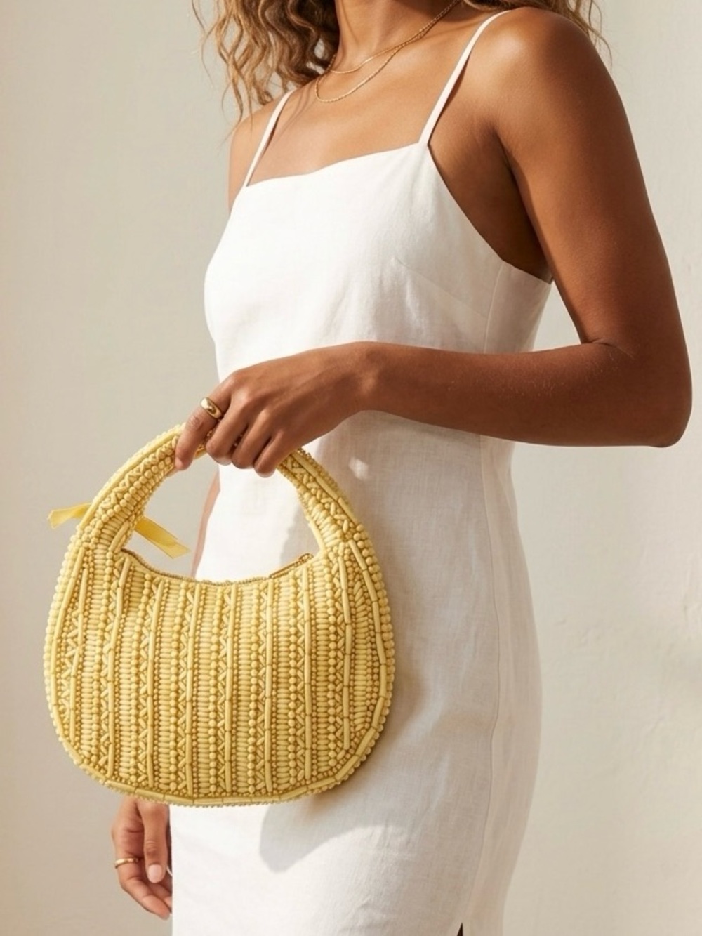 Beaded Butter Yellow Crescent Boho Handbag Spring Summer Vacation NWT